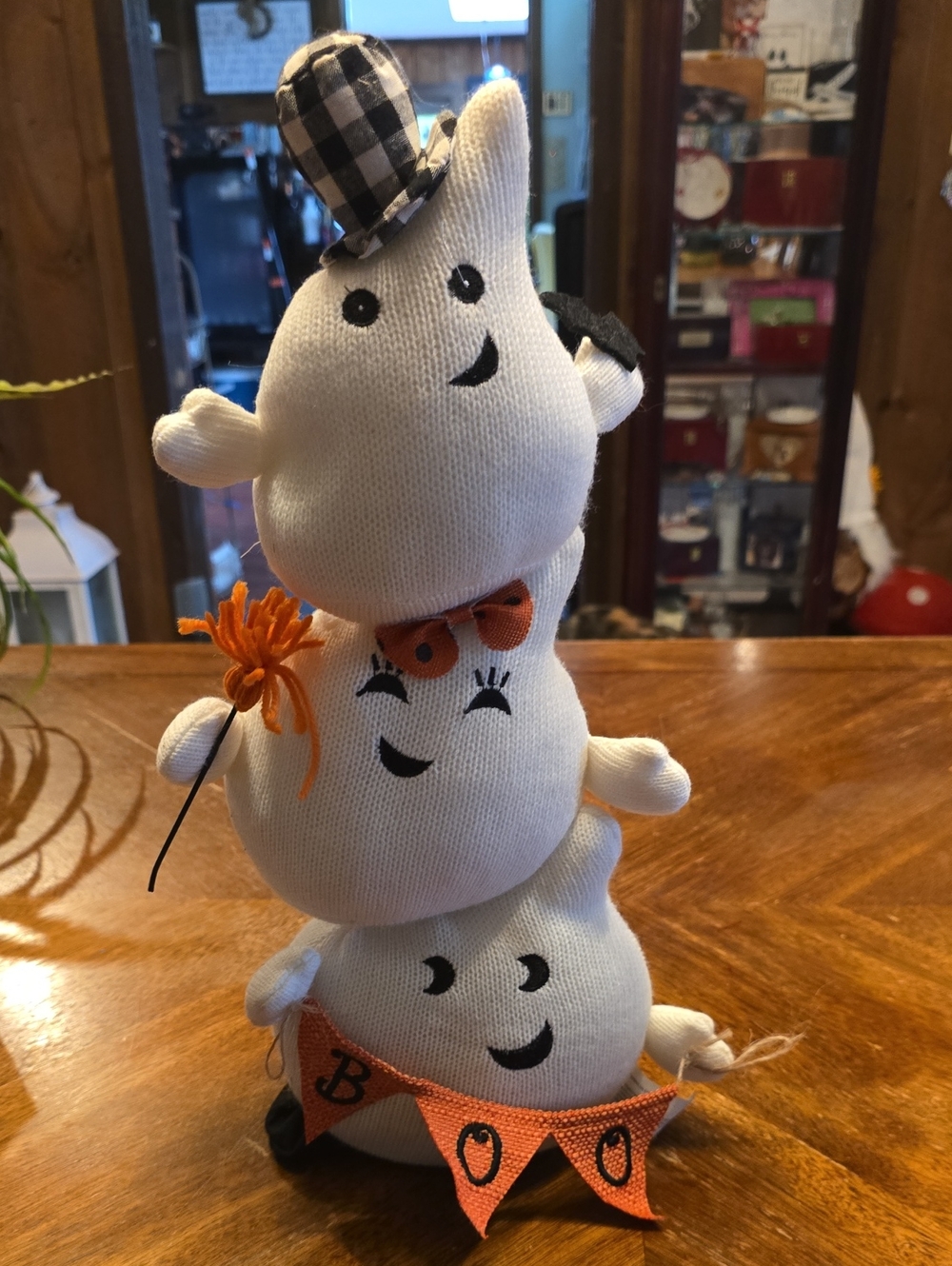 Festive White Stacked Ghost Halloween Decor with Orange Accents